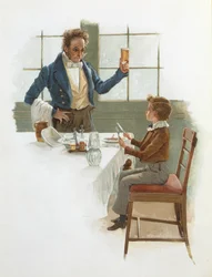 El camarero amigable, ilustración de David Copperfield (1850) por Charles Dickens