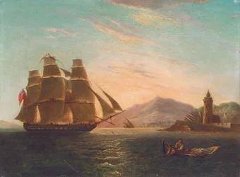La fragata HMS Pearl, 32 cañones, entrando en el Faro, Messina