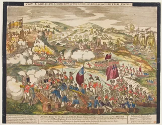 La gloriosa conquista de Buenos Aires por las fuerzas británicas, 27 de junio de 1806, publicada por G. Thompson, 1806 (xilografía coloreada)