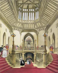 La Gran Escalera, Castillo de Windsor, de Una Historia de las Residencias Reales por William Henry Pyne, 1838