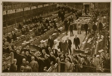 La escena histórica en la Cámara de los Comunes cuando el Proyecto de Ley de Servicio Militar pasó su tercera lectura, 1914-19