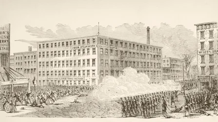 Incidente en la Segunda Avenida durante los disturbios en Nueva York en julio de 1863 (litografía)