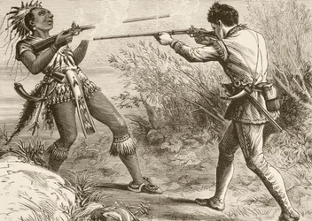 El jefe indio Paugus es asesinado por un miliciano inglés (litografía)