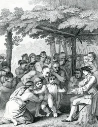 Los indios entregando a los cautivos ingleses al coronel Bouquet cerca de su campamento en los Forks de Muskingham en América del Norte, grabado por Canot, 1764