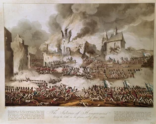 El interior de Hougoumont durante la batalla del glorioso 18 de junio de 1815, grabado por T. Sutherland, publicado en 1816 (aguafuerte)