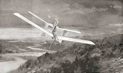La máquina voladora del aeródromo de Langley en vuelo en el siglo XIX. De The Strand Magazine publicado en 1897.