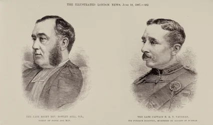 El difunto reverendo Rowley Hill, obispo de Sodor y Man, y el difunto capitán E. B. T. Vaughan, 6.º de infantería de Punjaub, asesinados por dacoits en Birmania, de The Illustrated London News, 18 de junio de 1887