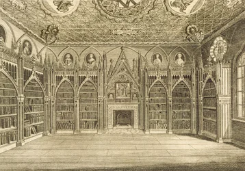 La biblioteca, grabado por Godfrey, de la Descripción de Strawberry Hill por Horace Walpole, 1784