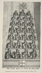 El alcalde y la corte de los concejales, frontispicio de De Launes Angliae Metropolis, 1681