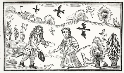 La disputa de los amantes, ilustración de Chap-books del Siglo XVIII de John Ashton, pub. 1882