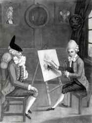 El Pintor Macaroni, o Billy Dimple preparándose para su retrato, publicado por Bowles y Carver, 1772