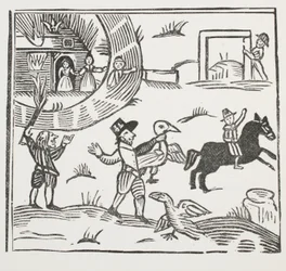 Las locuras de Tom Tram, ilustración de Chap-books del Siglo XVIII de John Ashton, pub. 1882