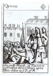 Las doncellas de Taunton arrodilladas ante el Duque de Monmouth, 18 de junio de 1685, carta de la reina de diamantes de un juego que conmemora la Rebelión de Monmouth