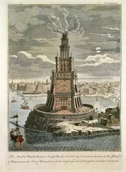 La torre vigía o faro de mármol erigido por Ptolomeo Soter en la isla de Pharos, cerca del puerto de Alejandría (impresión coloreada)