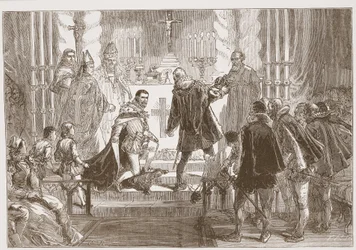 El Mariscal de Polonia exigiendo el juramento del Duque de Anjou, ilustración de La Historia del Protestantismo de James Aitken Wylie (1808-1890), pub. 1878