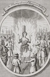 El martirio de Margeret Polley en Tunbridge, de "La quema de los mártires", publicado en 1741 (litografía).