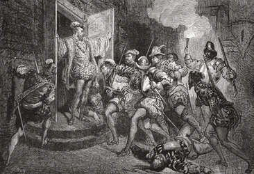 La masacre de San Bartolomé: ataque a los alojamientos de Coligny, ilustración de La Historia del Protestantismo de James Aitken Wylie, pub. 1878