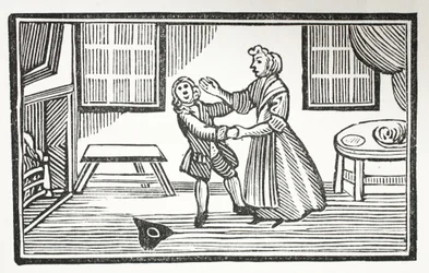 El método que Meg utilizó para hacer que uno de los vicarios pagara su cuenta, ilustración de Chap-books del siglo XVIII de John Ashton, pub. 1882