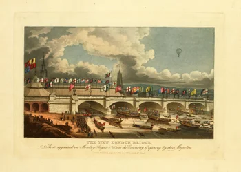 El nuevo puente de Londres, como apareció el lunes 1 de agosto de 1831, en la ceremonia de apertura por sus Majestades, 1831