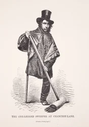 El barrendero de una pierna en Chancery Lane, ilustración de London Labour and London Poor de Henry Mayhew, pub. 1862