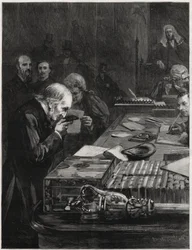 La Apertura del Parlamento, 31 de enero de 1893, Sr. William Ewart Gladstone, apoyado por el Sr. Marjoribanks y el Sr. H Gladstone, tomando el Juramento. Ilustración para The Graphic