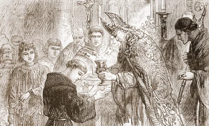 La ordenación de Lutero al sacerdocio, ilustración de La Historia del Protestantismo por James Aitken Wylie (1808-1890), pub. 1878