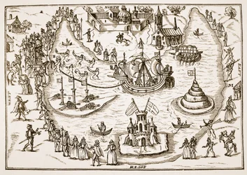 El estanque en Elvetham durante la visita de la Reina Isabel, de The Honourable Entertainment given to the Queens Majestie in Prgresse at Elvetham in Hampshire por el Right Honble the Earl of Hertford, 1591