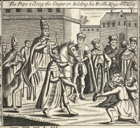 El Papa montando, el emperador sosteniendo su brida, reyes caminando delante de él, ilustración de Hechos y Monumentos de John Foxe, novena edición, pub. 1684