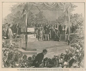 La Princesa de Gales colocando la primera piedra del Hospital para Niños Enfermos