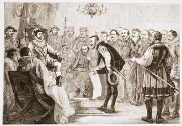 Los príncipes protestantes presentando su confesión a Carlos, ilustración de La Historia del Protestantismo de James Aitken Wylie, pub. 1878
