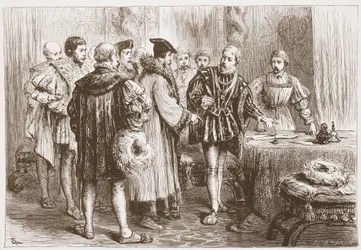 Los príncipes protestantes firmando su confesión, ilustración de La Historia del Protestantismo de James Aitken Wylie, pub. 1878
