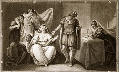 La reina viuda poniéndose ella y sus hijas bajo la protección de Ricardo III, ilustración de La Historia de Inglaterra de David Hume, pub. por R. Bowyer, Londres, 1812