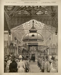 La Reina en la Exposición de Liverpool: Su Majestad nombrando caballero al alcalde de Liverpool en el estrado de la galería central, de The Illustrated London News, 22 de mayo de 1886