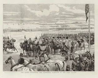 La Reina revisando la guarnición de Aldershot en el Valle Largo