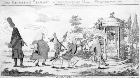 El sargento reclutador o la feliz perspectiva de Britannia, grabado por George Townshend, 1757