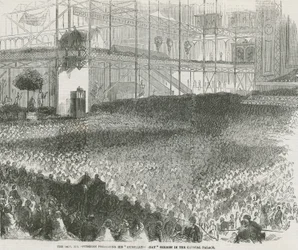 El reverendo Charles Haddon Spurgeon predicando su sermón del Día de la Humillación en el Crystal Palace