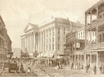 El Hotel Saint Charles en la calle St. Charles, Nueva Orleans en la década de 1880 (litografía)