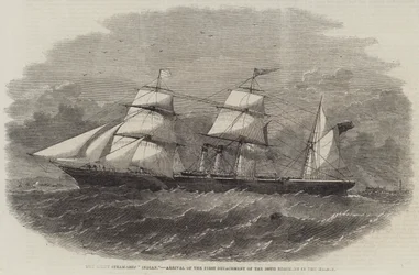El barco de vapor de tornillo "Indian", llegada del primer destacamento del 100º Regimiento en el Mersey (grabado)