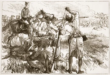 Los Sepoys en Buxar, ilustración de Cassells Illustrated History of India de James Grant, pub. 1879