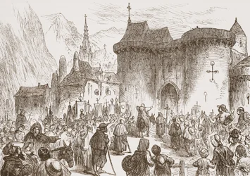 Los falsos peregrinos en la puerta de Ginebra, ilustración de La Historia del Protestantismo de James Aitken Wylie, pub. 1878