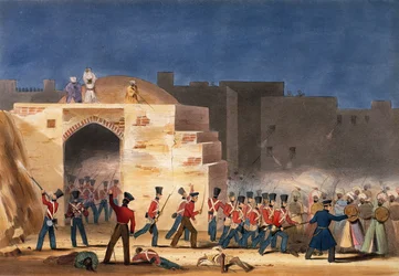 El asalto a Ghuznee, vista interior de la puerta en 1839, Primera Guerra Afgana