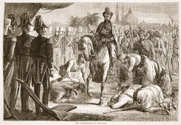 La Rendición de Moolraj, ilustración de la Historia Ilustrada de Inglaterra de Cassell