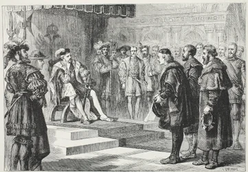 Los tres embajadores protestantes ante el emperador Carlos, ilustración de La Historia del Protestantismo de James Aitken Wylie, pub. 1878