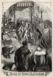 El juicio de la reina Catalina de Aragón en 1529, la primera esposa de Enrique VIII, cuyo matrimonio con el rey fue anulado. Grabado de "History of England" por Cassell Petter & Galpin.