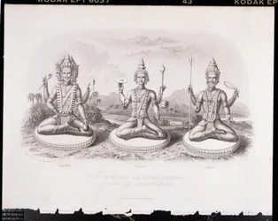 La Trimurti o Trinidad Hindú, grabado por A. Thorn, de Religión Mundial, publicado por A. Fullarton & Co.