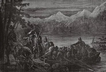 Los valdenses cruzando el lago Lemán de noche, ilustración de La Historia del Protestantismo de James Aitken Wylie, pub. 1878