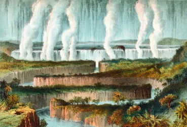 Las cataratas Victoria o Mosi-oa-Tunya, río Zambeze, Zimbabue, África meridional en el siglo XIX. Extraído de The Life and Explorations of Dr. Livingstone, publicado hacia 1875.