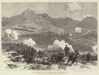 La guerra, turcos atacando la posición rusa en el Paso de Shipka (grabado)