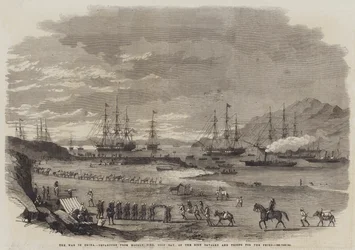 La Guerra en China, Salida del Muelle de Hockly, Bahía de Odin, de la Caballería Sikh y Tropas hacia el Peiho
