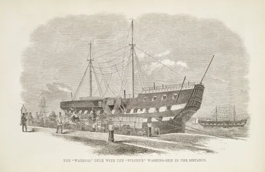 El Cascarón Guerrero con el Barco de Lavado de Azufre en la Distancia, de Las Prisiones Criminales de Londres y Escenas de la Vida en Prisión por Henry Mayhew y John Binny, 1862
